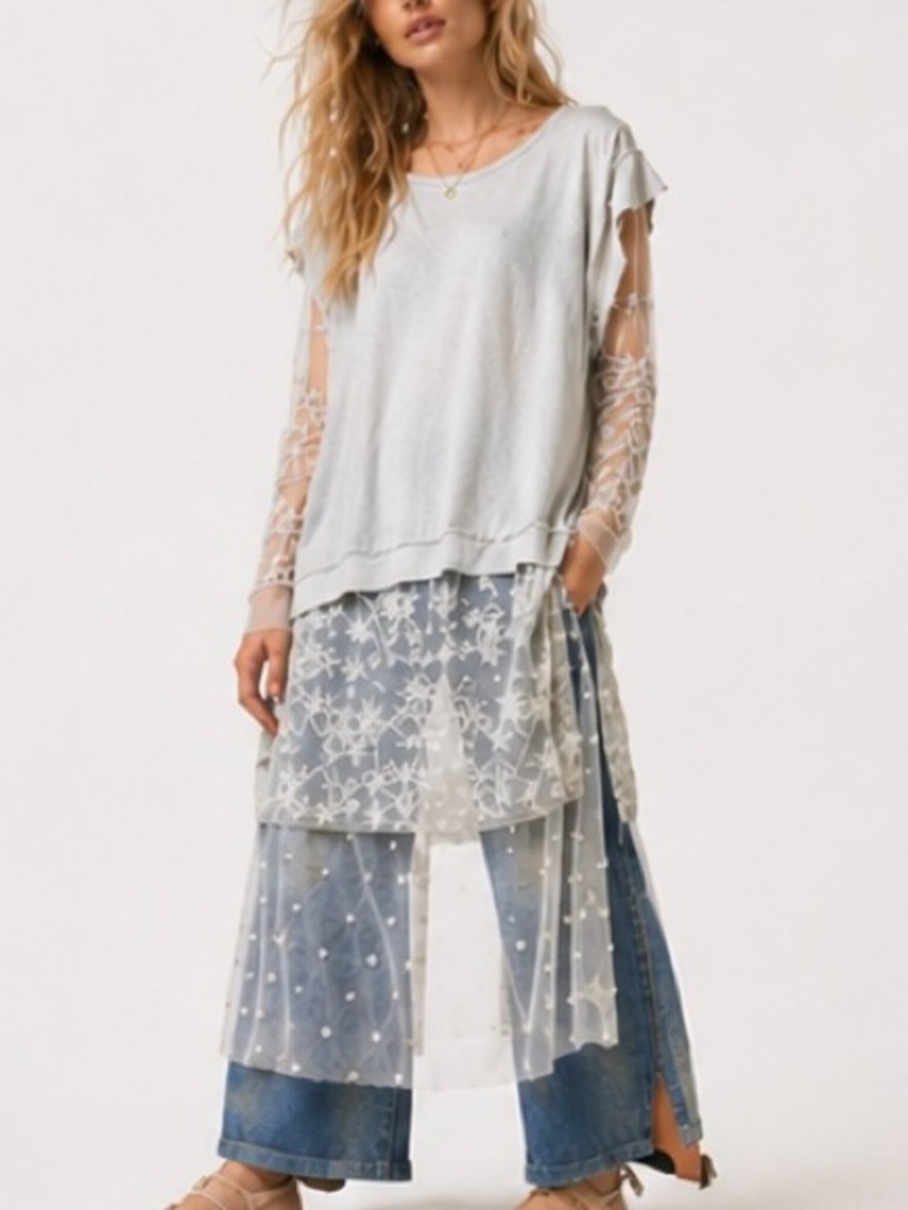 Free People Light Gray Sheer Lace Layered Tunic moonrock
